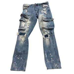 Grindhouse Men's Distressed Blue Cargo Jeans Ripped Paint Splatter Biker 32 x 28